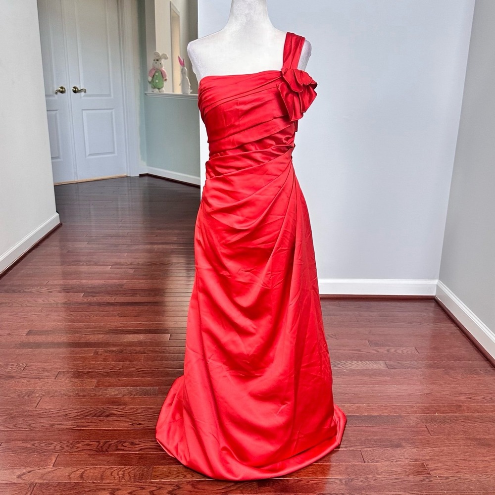 David's Bridal Burnt Orange One Shoulder Ruched Simple Elegant Gown Dress